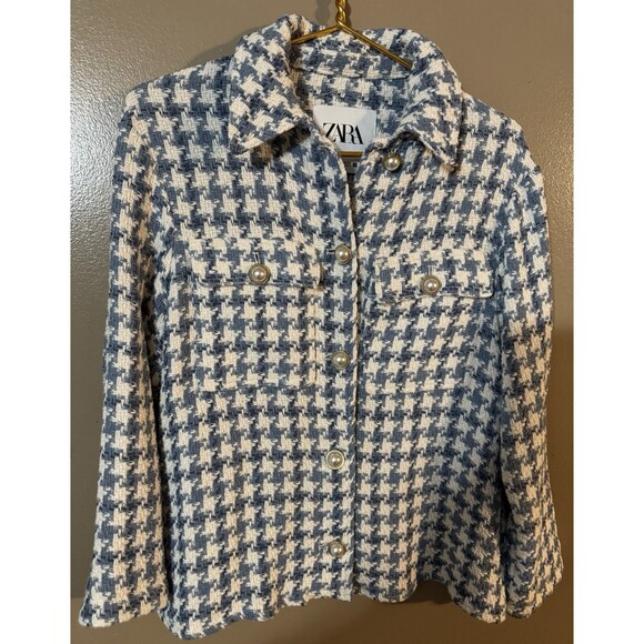 Zara Women's Size S White Blue Tweed Faux Pearl Button Blazer Jacket - Picture 2 of 8